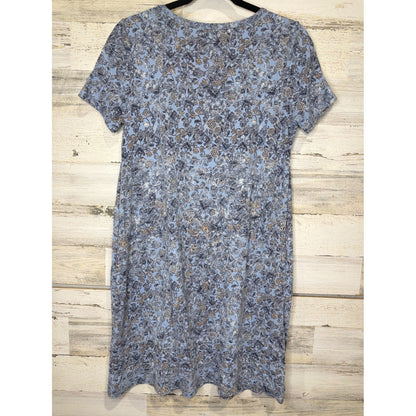 Pure Jill T-Shirt Dress Women XS Blue Floral V-Neck Cotton Lagenlook EUC3