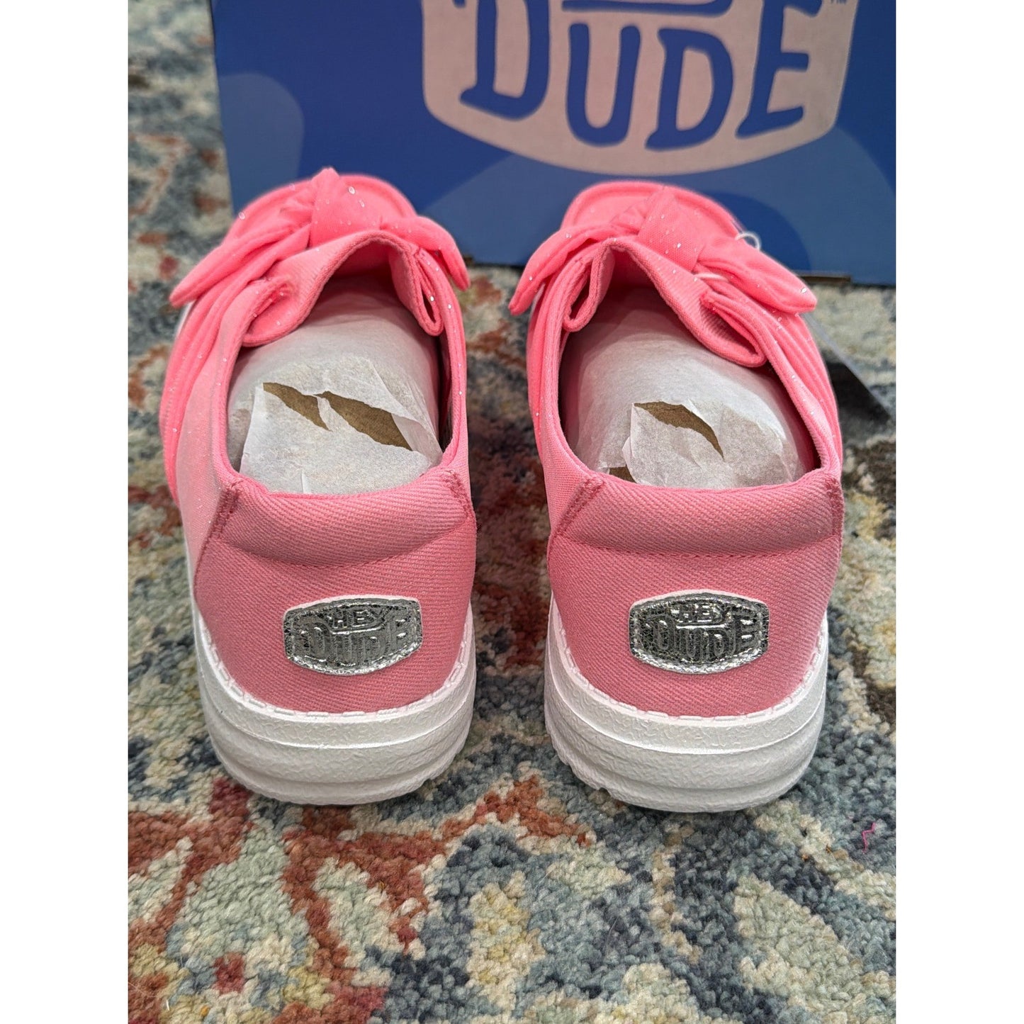 Hey Dude Wendy Bow Stardust Girls Size J5 Pink Glitter Slip On Moccasin NWT3