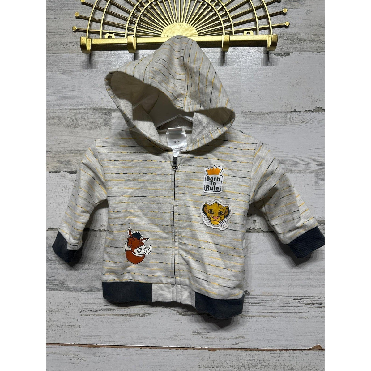 Disney Lion King Zip Hoodie Boys 3-6M Oatmeal Striped Simba Pumbaa EUC0