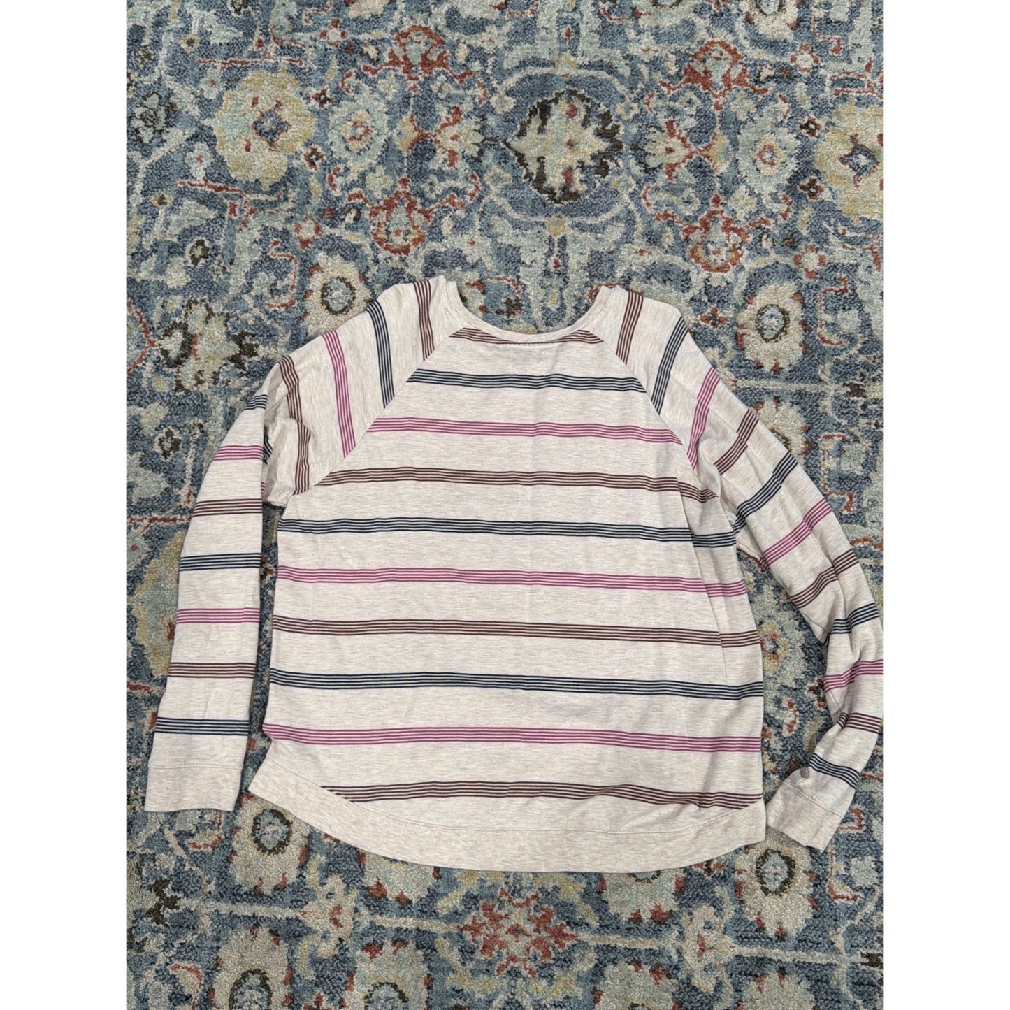 Thread & Supply Striped Pullover Women XL Tan Navy Burgundy Cozy Life EUC3