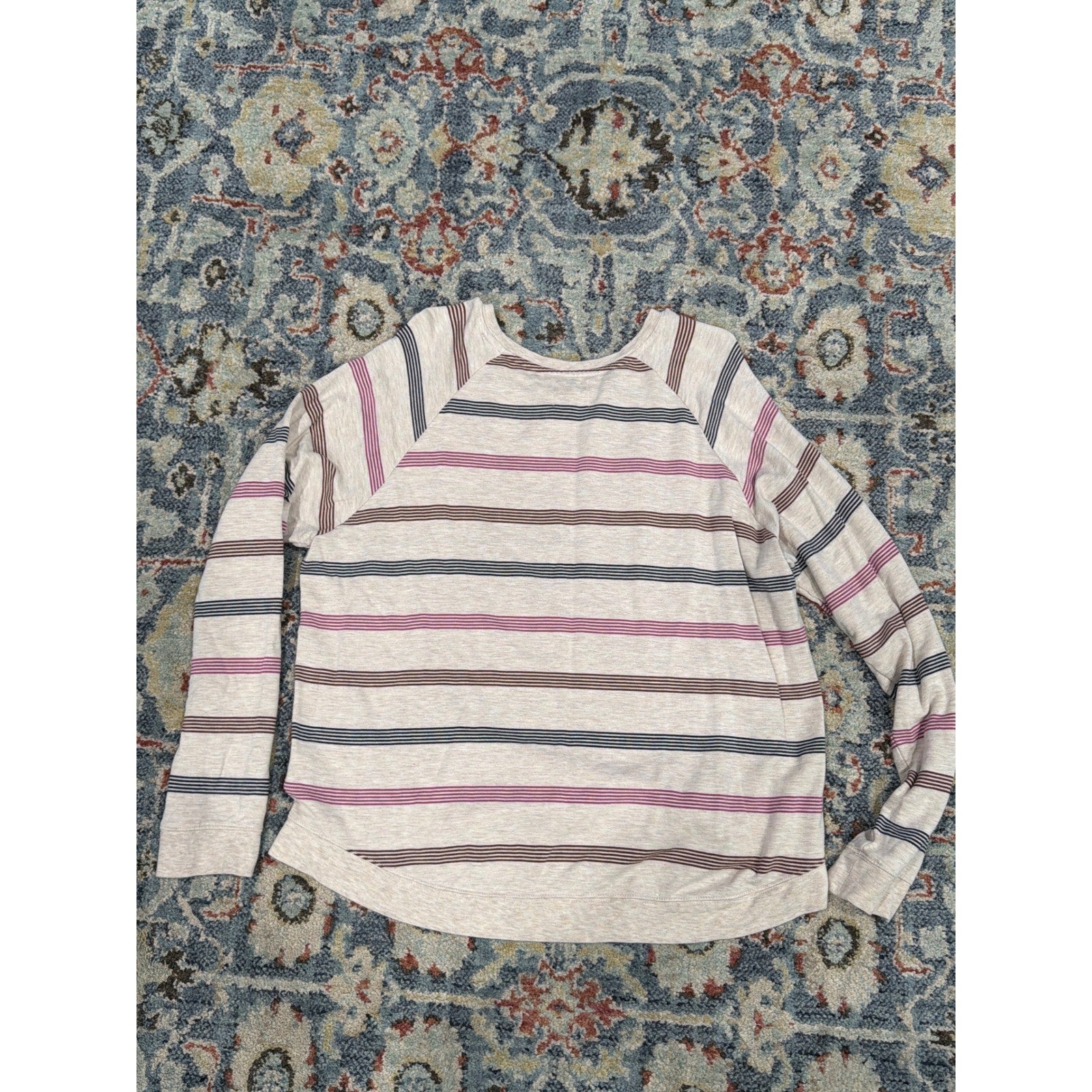 Thread & Supply Striped Pullover Women XL Tan Navy Burgundy Cozy Life EUC3