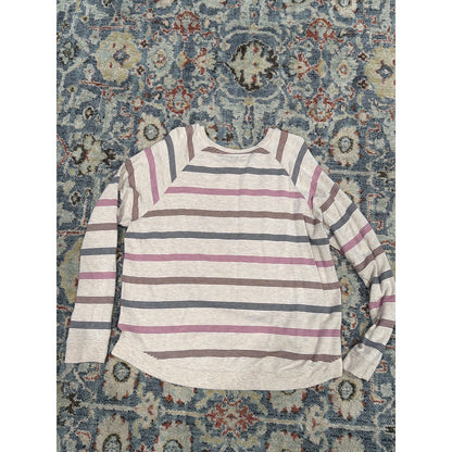 Thread & Supply Striped Pullover Women XL Tan Navy Burgundy Cozy Life EUC3