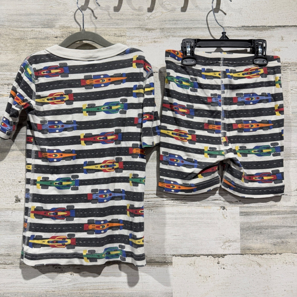 Hanna Andersson Pajama Set Kids 6-7 White Race Car Stripes Shortie GUC*4
