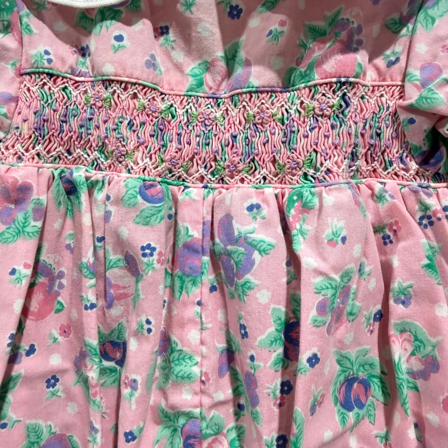 Allison Ann Romper Girls 6-9M Pink Floral Smocked Peter Pan Collar Vintage EUC2