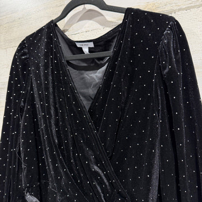 Nine West Velvet Wrap Dress Women XXL Black Silver Pin Dot Metallic Holiday EUC1