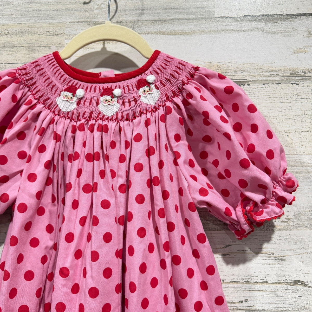 Southern Sunshine Smocked Dress Girls 7 Pink Santa Polka Dot Holiday EUC1