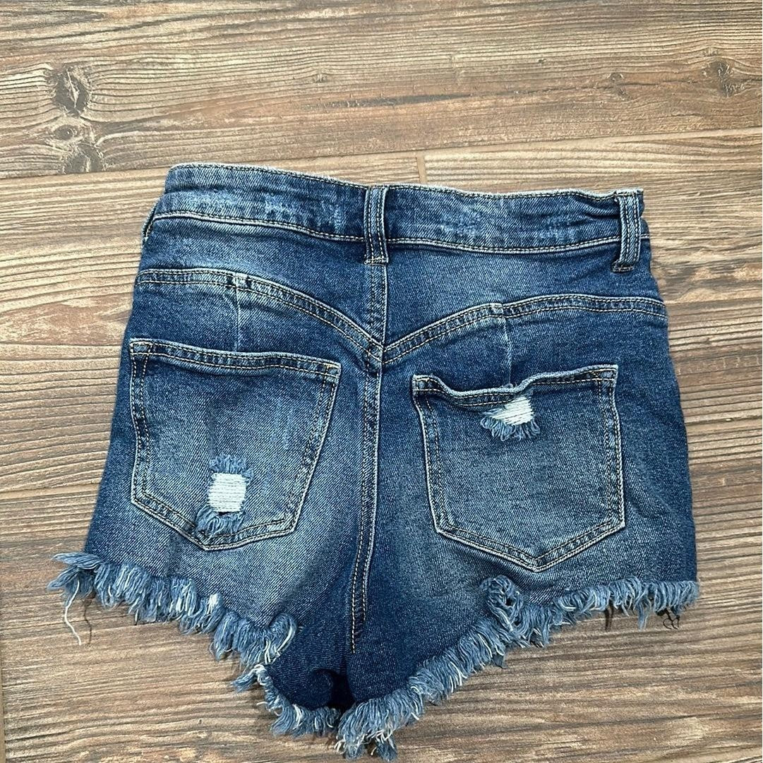 Ariya Distressed Denim Shorts Women Size 3/26 Dark Blue Raw Hem Cut Off EUC3