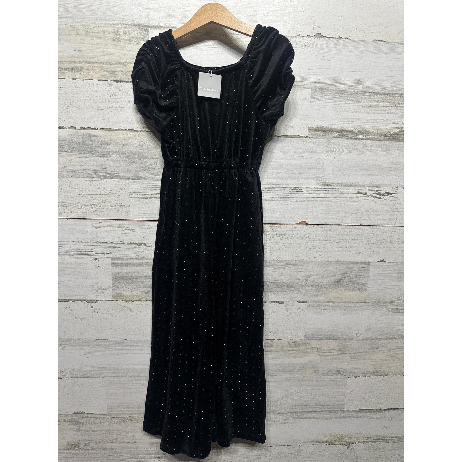 Tahari Velvet Jumpsuit Girls Size 6 Black Silver Glitter Flutter Sleeve NWT1
