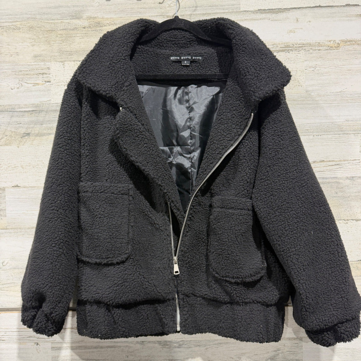 Hyfve Sherpa Bomber Jacket Women Small Black Polyester Trendy Casual EUC2