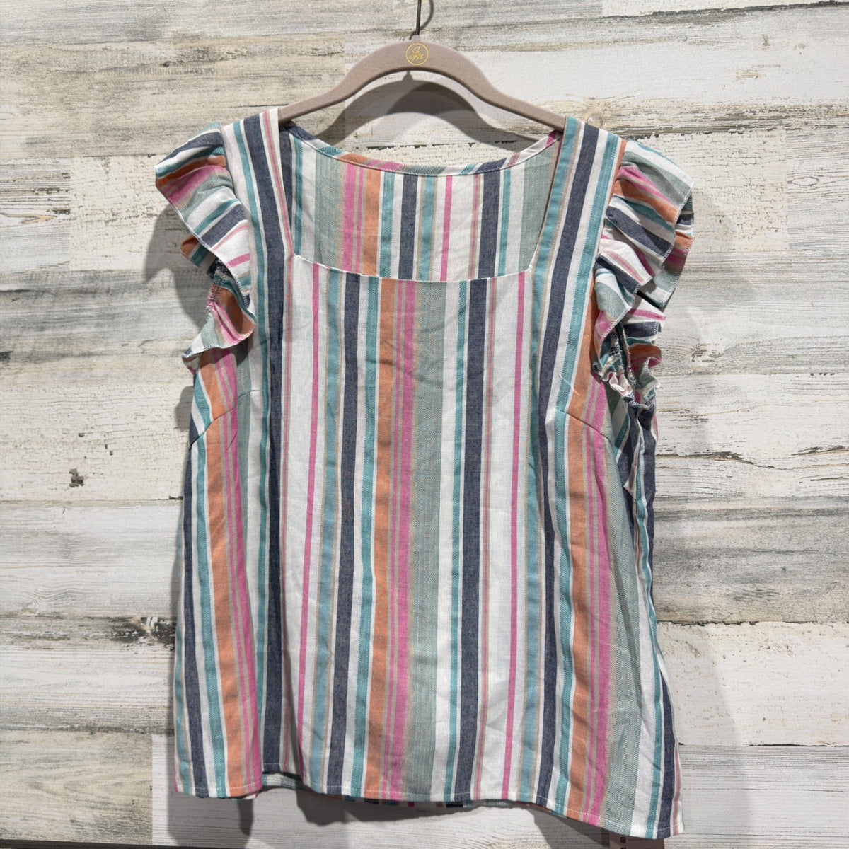 Emery Rose Blouse Women Medium Multi Stripe Ruffle Sleeve Coastal NWT0