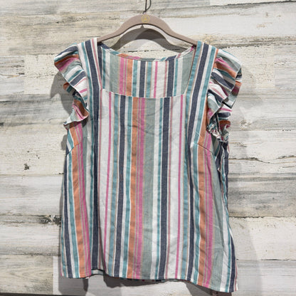 Emery Rose Blouse Women Medium Multi Stripe Ruffle Sleeve Coastal NWT0