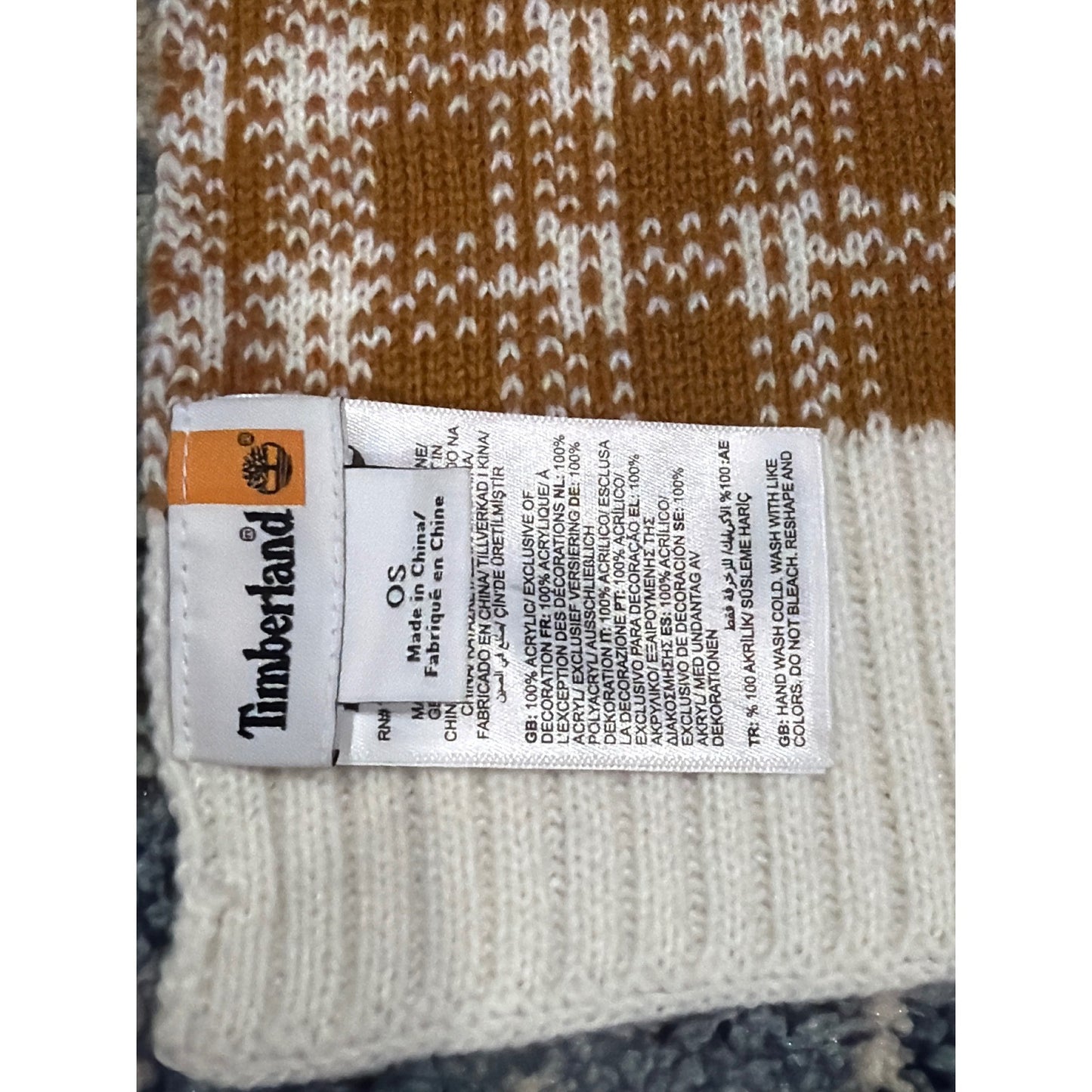 Timberland Scarf Men OS Wheat Brown Plaid Knit Logo Gorpcore EUC2