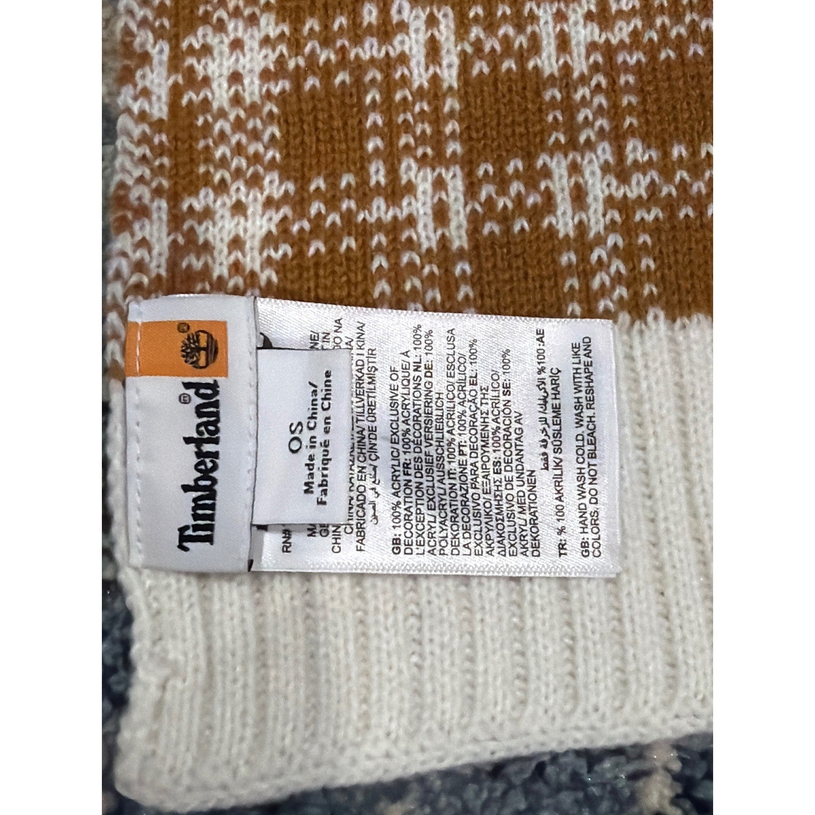 Timberland Scarf Men OS Wheat Brown Plaid Knit Logo Gorpcore EUC2