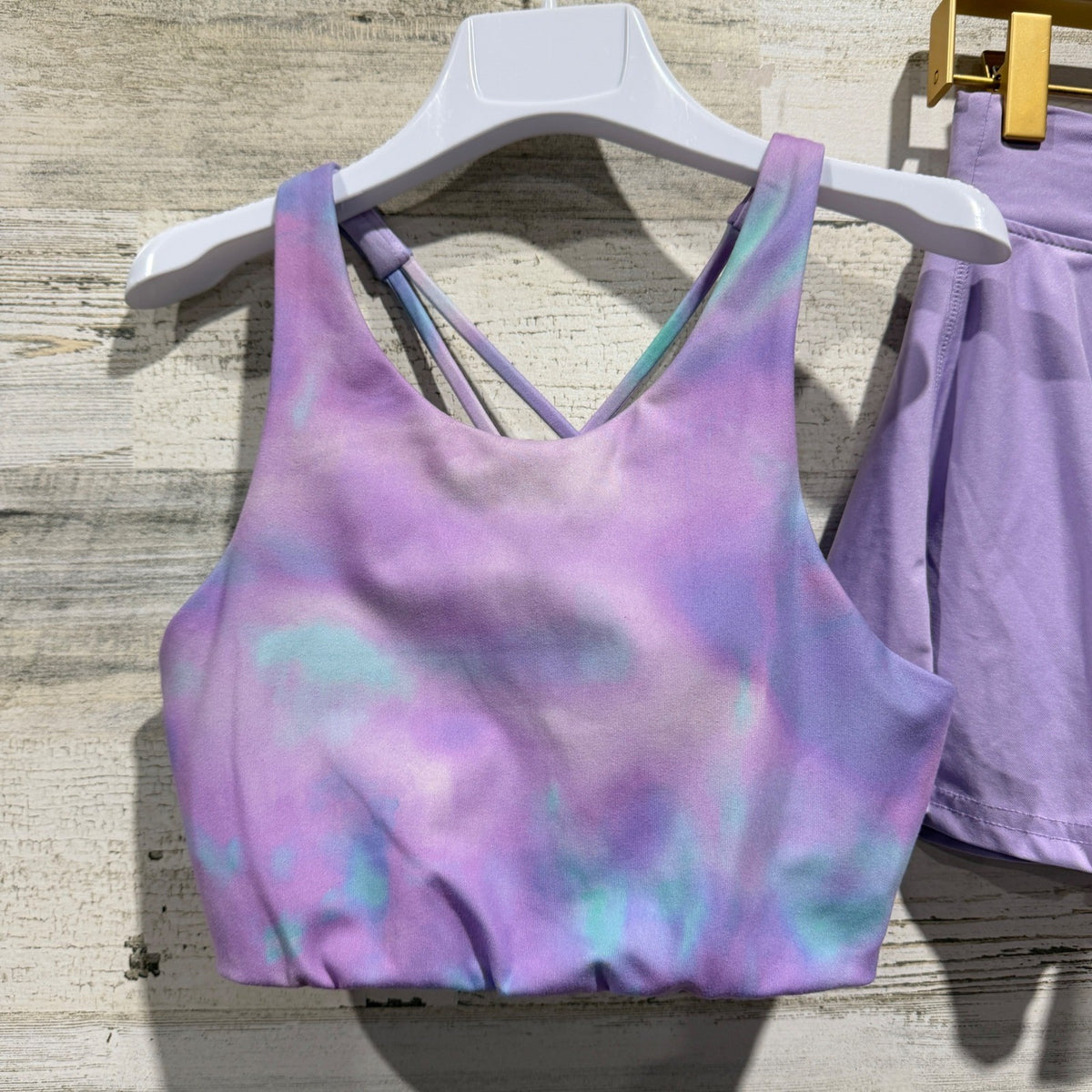 BCG Club Sports Skort Bra Set Girls M 8-10 Purple Tie Dye Polyester Spandex EUC1