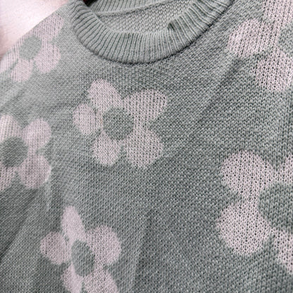 SHEIN Daisy Floral Knit Sweater Women S Green White Acrylic Retro1