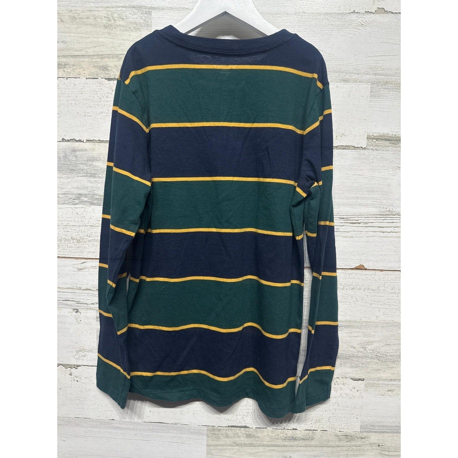 Old Navy Long Sleeve Shirt Boys 10/12 Green Navy Yellow Striped EUC2