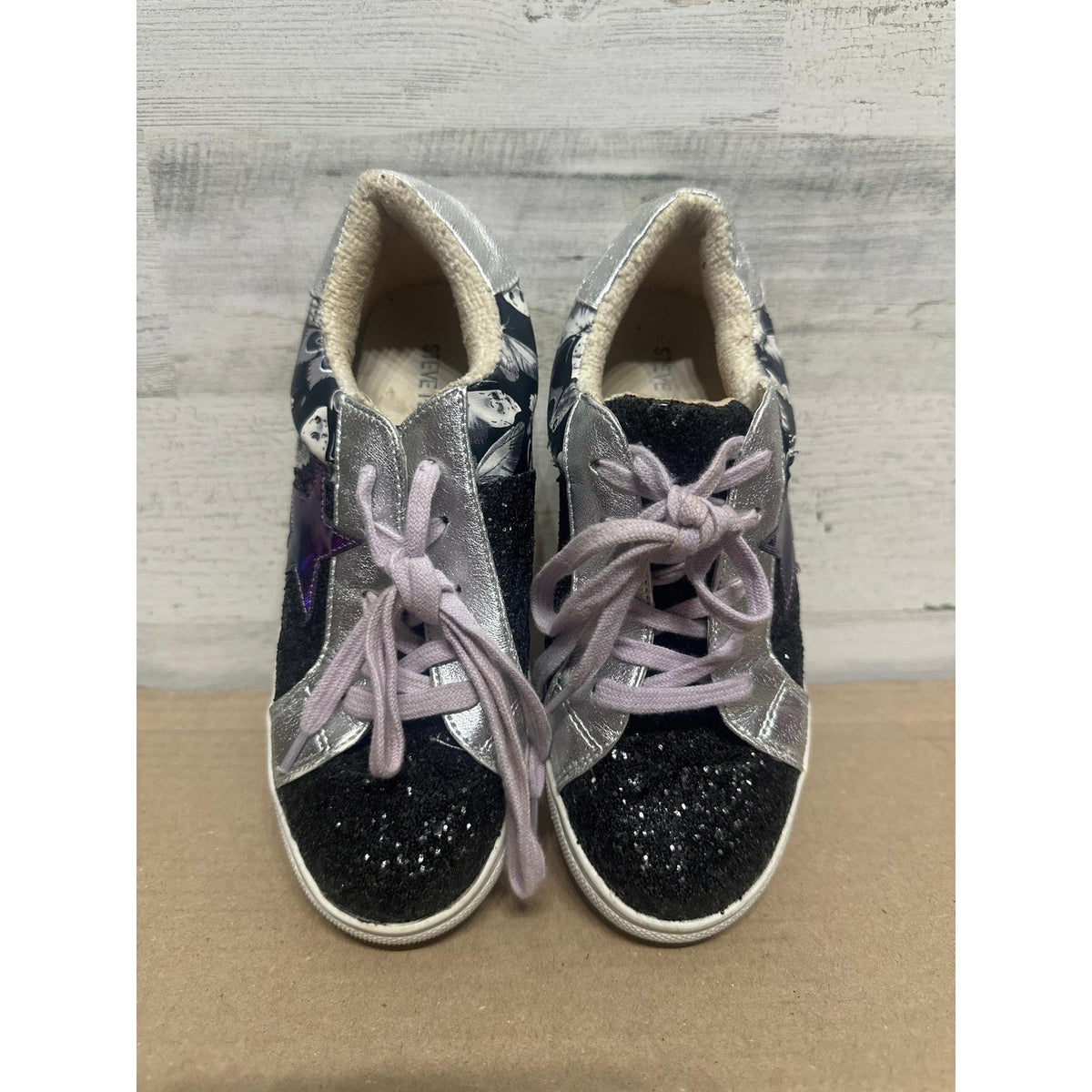 Steve Madden Sneakers Kids Youth 3 Black Silver Glitter Star Butterfly2