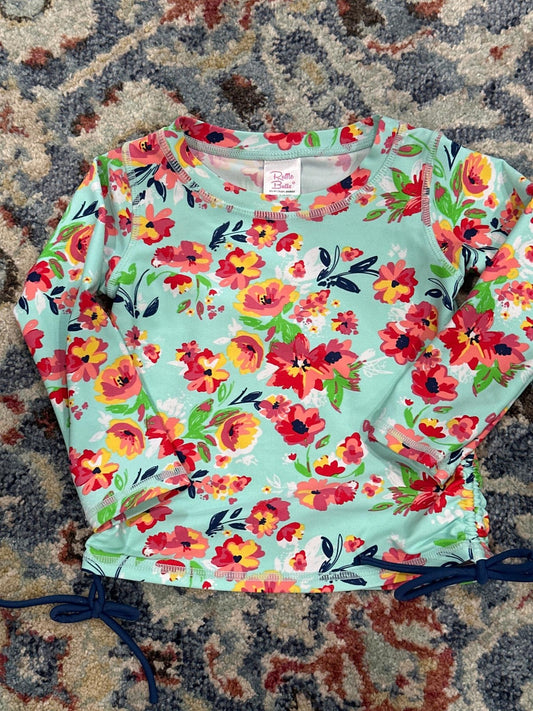 RuffleButts Rash Guard Girls 2T Aqua Floral Long Sleeve Side Tie EUC0
