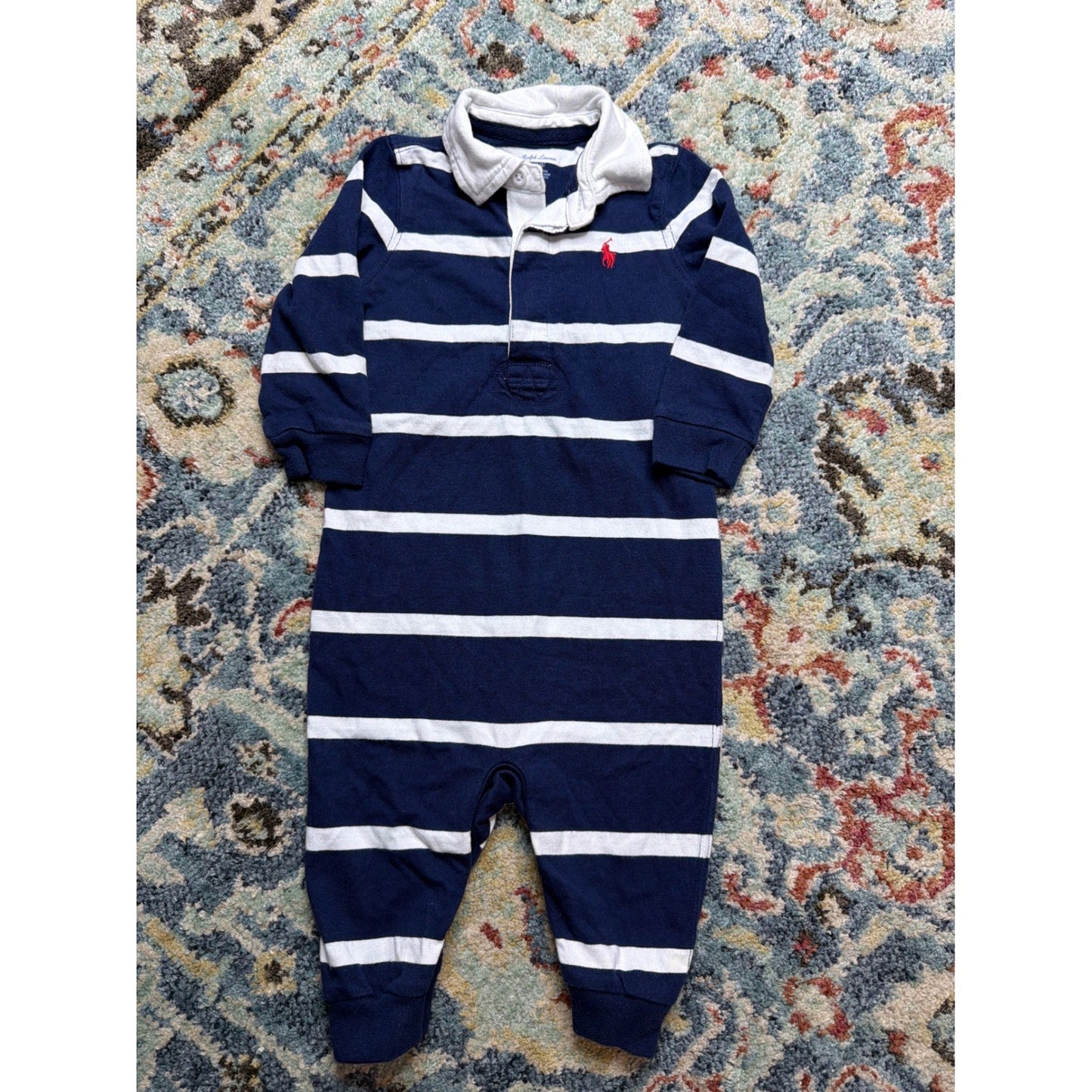 Polo Ralph Lauren Rugby Romper Boys 9M Navy White Striped Preppy EUC0