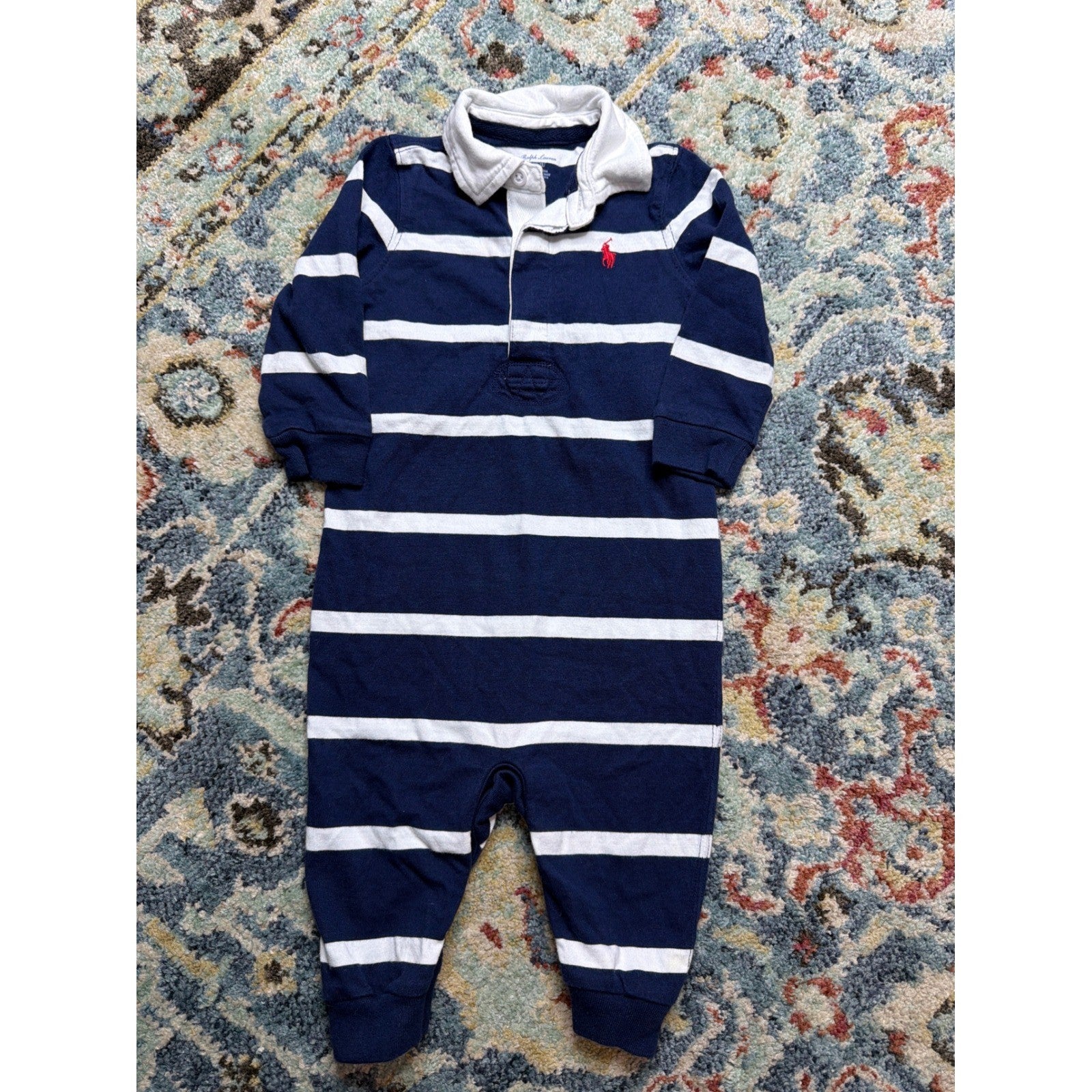Polo Ralph Lauren Rugby Romper Boys 9M Navy White Striped Preppy EUC0