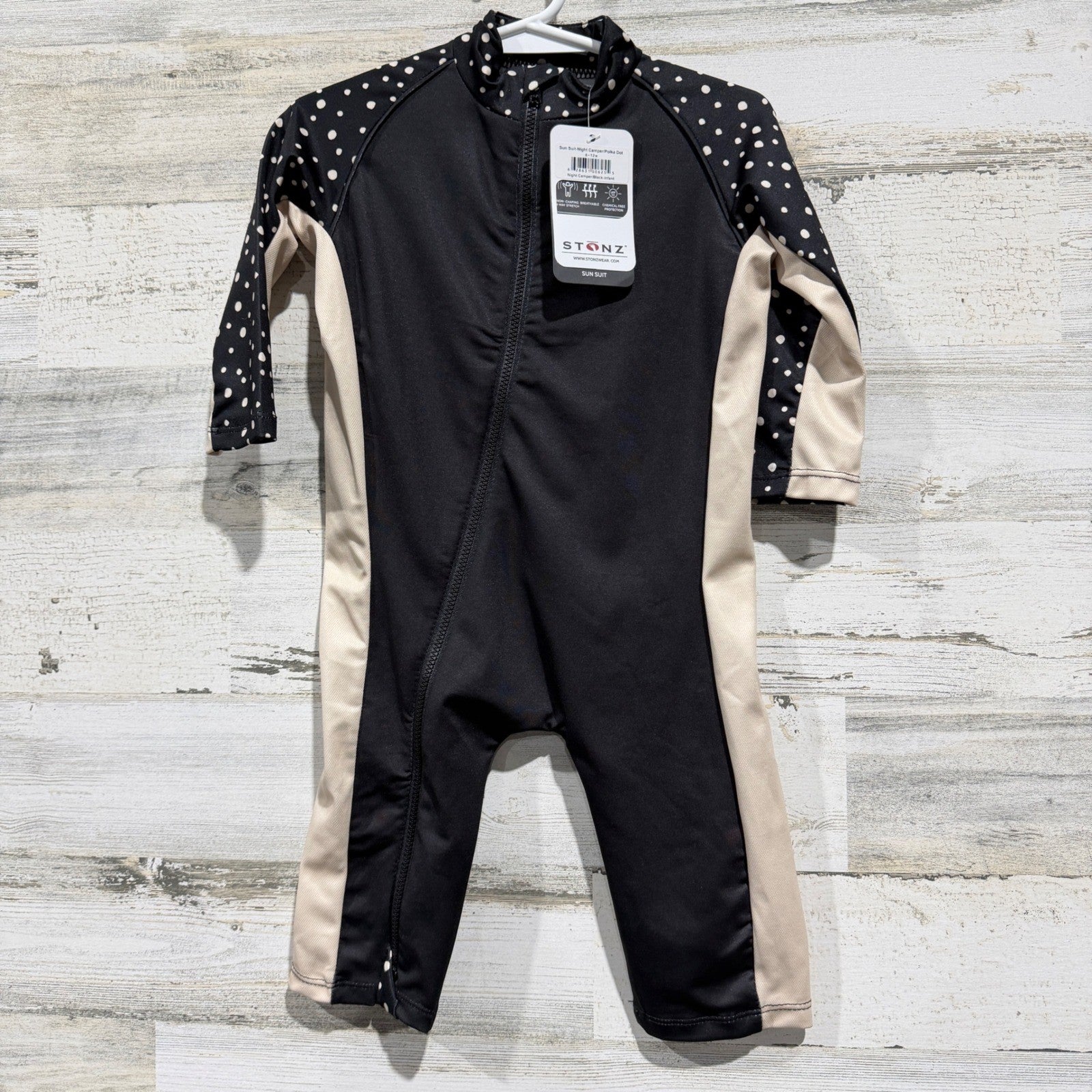 Stonz Sun Suit Infant 6-12M Black Polka Dot Night Camper Rash Guard NWT0