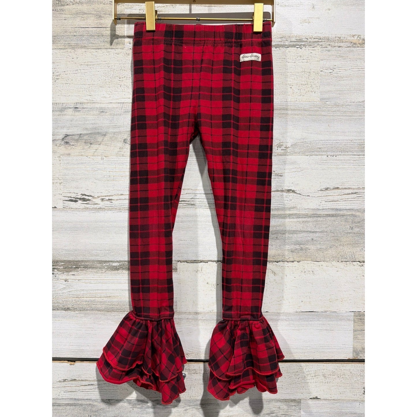 Sew Sassy Ruffle Leggings Girls 8 Red Black Buffalo Plaid Boutique EUC0