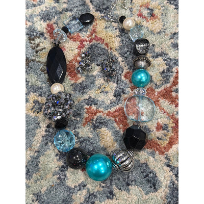 Necklace Set Women Teal Black Chunky Bead Statement EUC0
