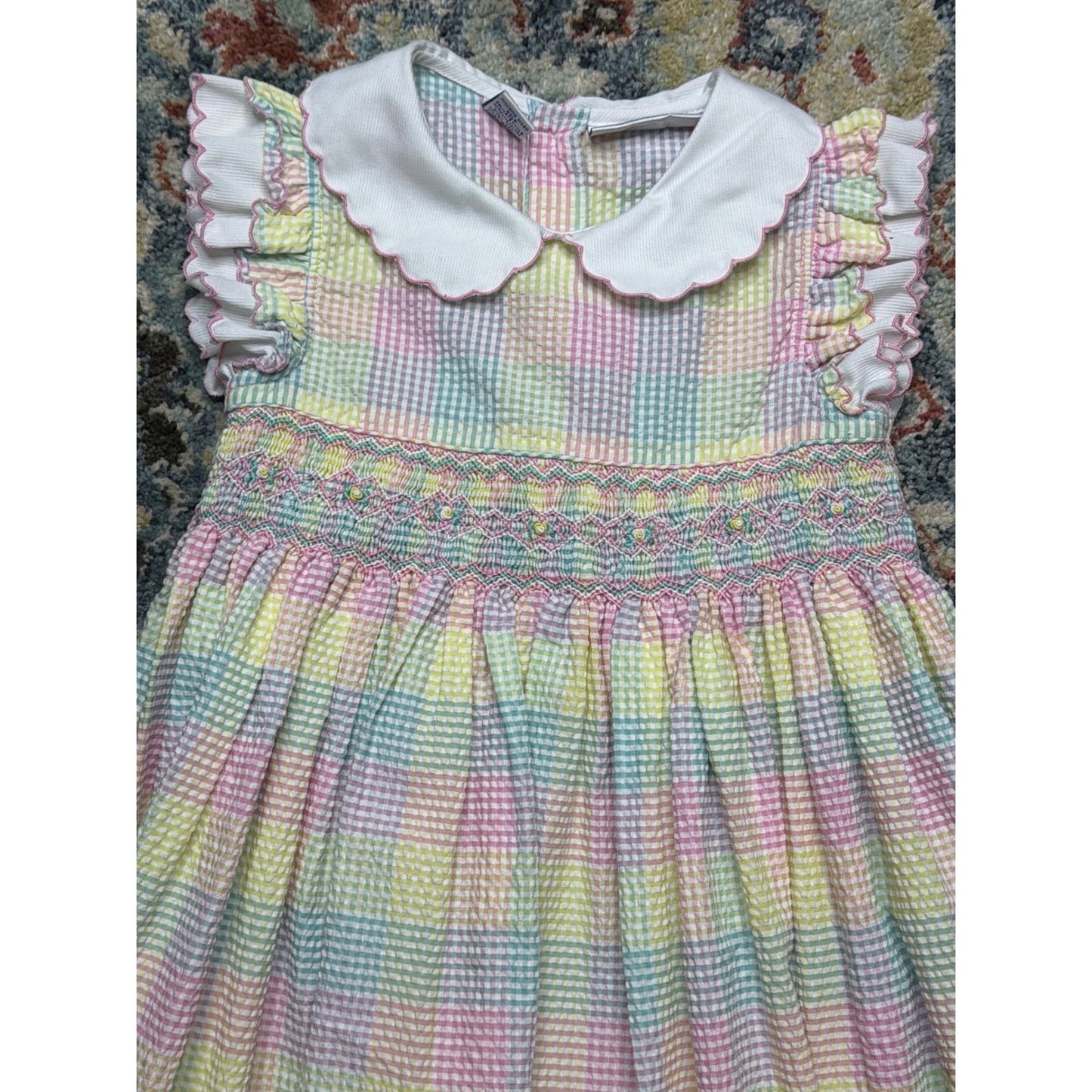 Christie Brooks Smocked Dress Girls 5/6 Pastel Gingham Seersucker1
