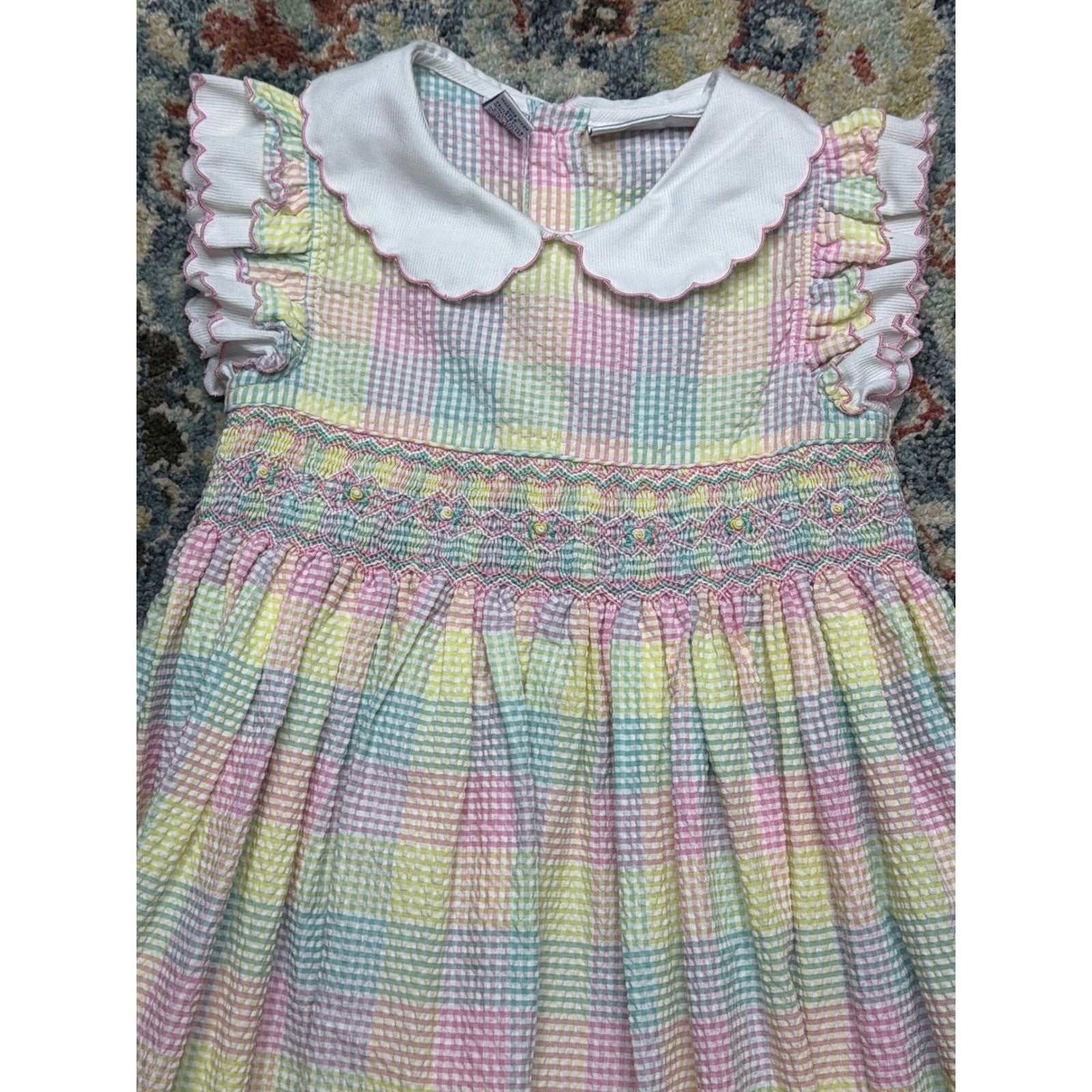Christie Brooks Smocked Dress Girls 5/6 Pastel Gingham Seersucker1
