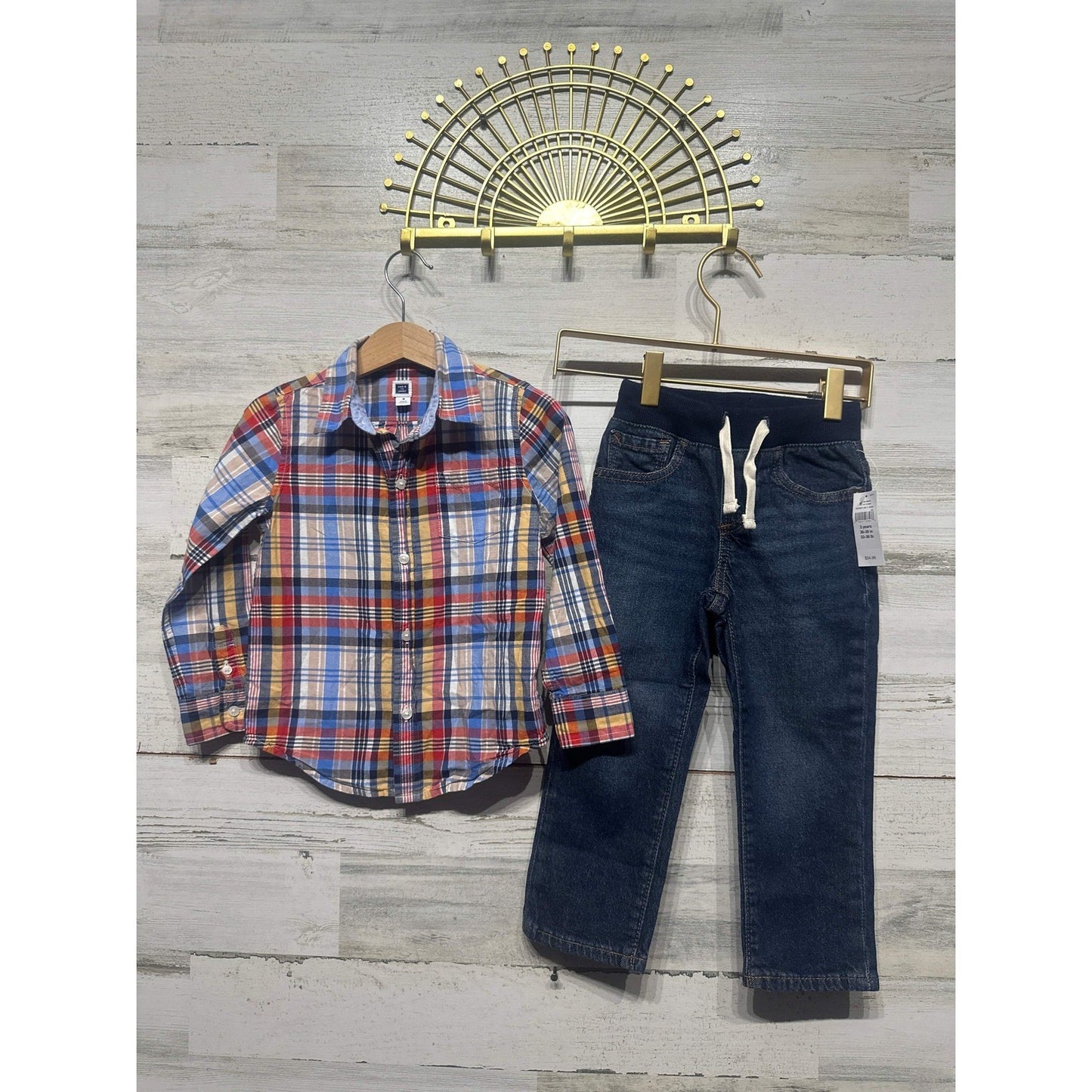 Janie and Jack Gap Outfit Set Boys 3T Multicolor Plaid Shirt Denim Jeans NWT EUC0