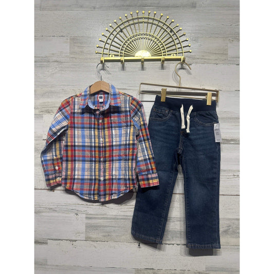 Janie and Jack Gap Outfit Set Boys 3T Multicolor Plaid Shirt Denim Jeans NWT EUC0