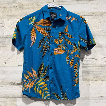 Volcom Button Down Boys S Blue Floral Tropical Cotton Viscose Surf EUC0
