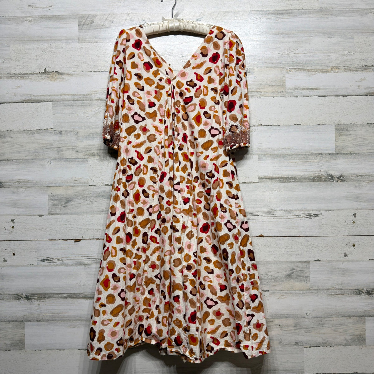 Pink Chicken Midi Dress Women Small Tan Leopard Sequin Cuff Cotton Boho EUC0
