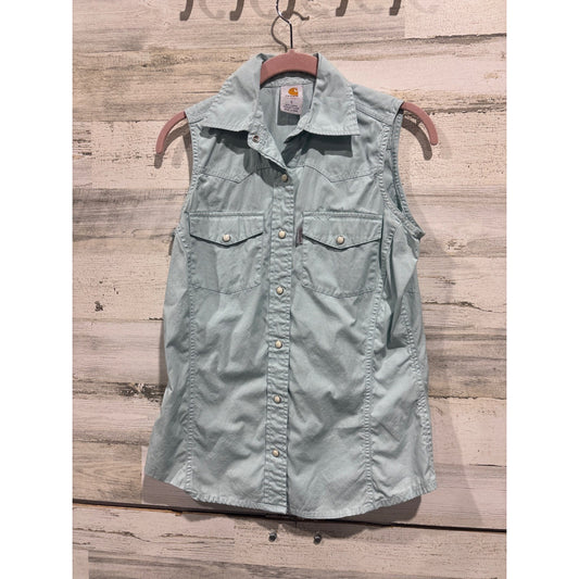 Carhartt Sleeveless Shirt Women S Blue Pearl Snap Western Workwear EUC0