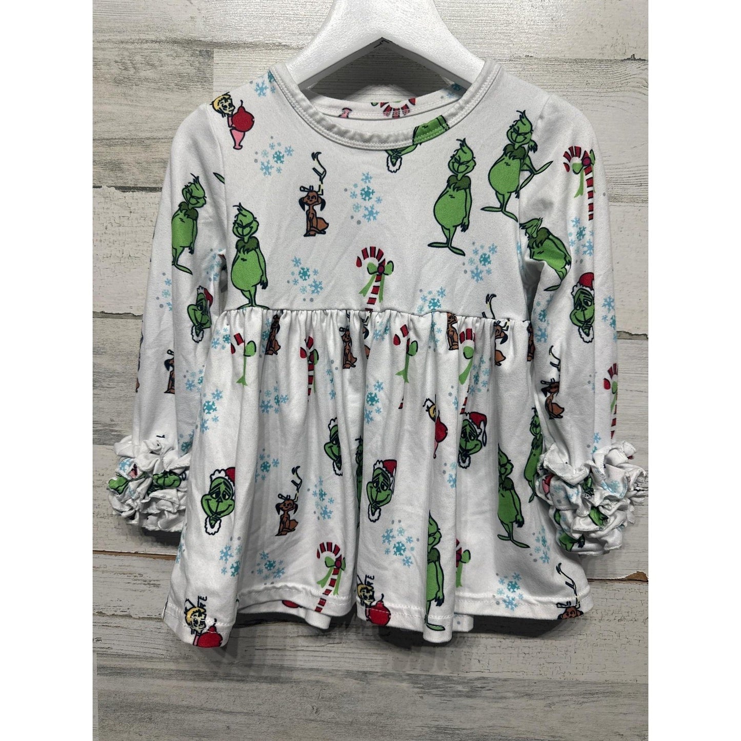 Grinch Holiday Dress Girls 12M White Green Ruffle Sleeve EUC0