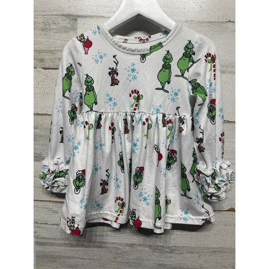 Grinch Holiday Dress Girls 12M White Green Ruffle Sleeve EUC0