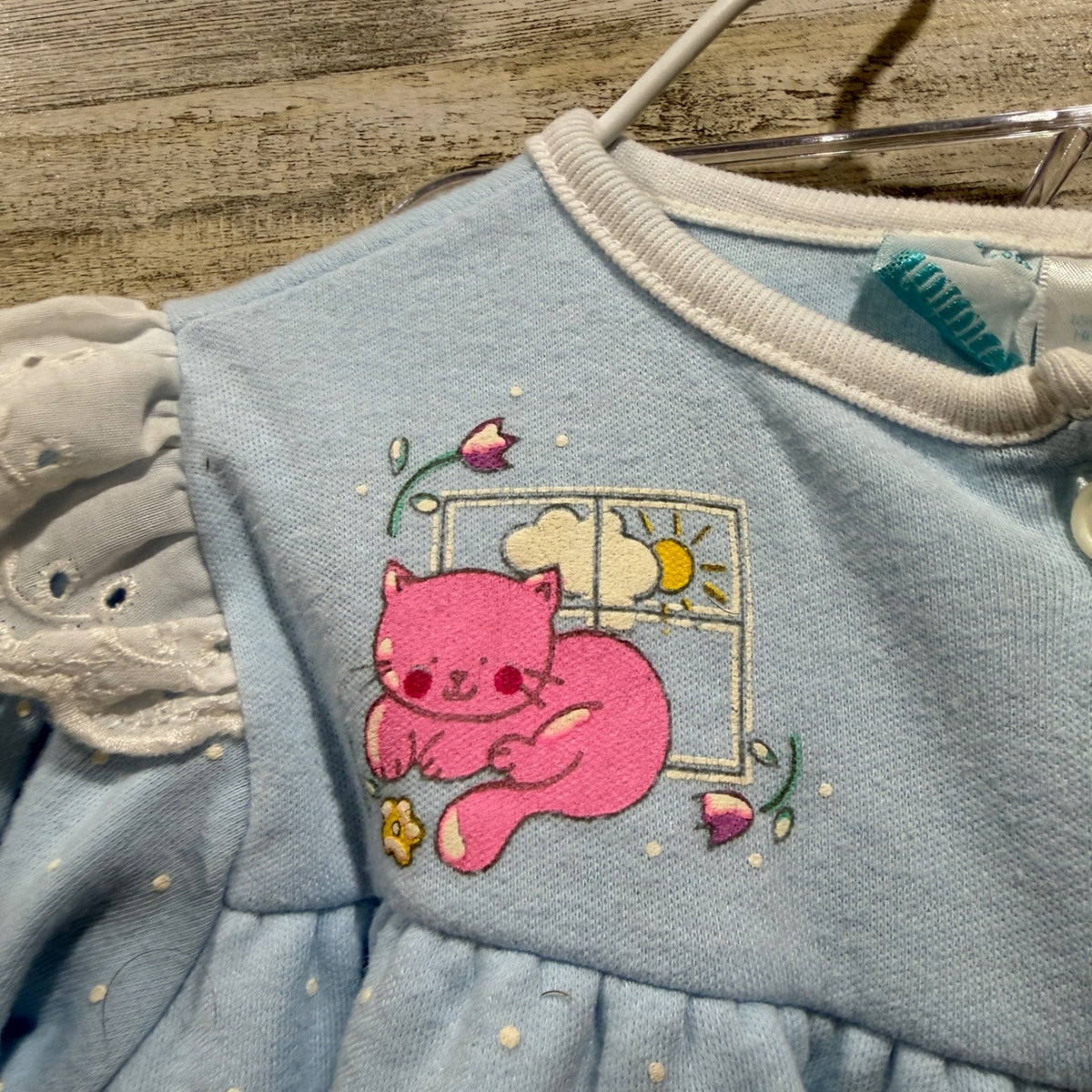 Vintage Kitten Graphic 3pc Outfit Set Girls 6-9 Months Blue Pink Cotton Flawed*10