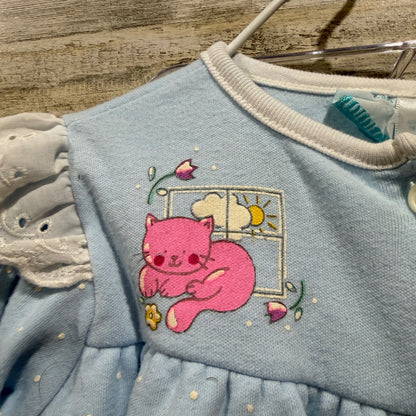 Vintage Kitten Graphic 3pc Outfit Set Girls 6-9 Months Blue Pink Cotton Flawed*10