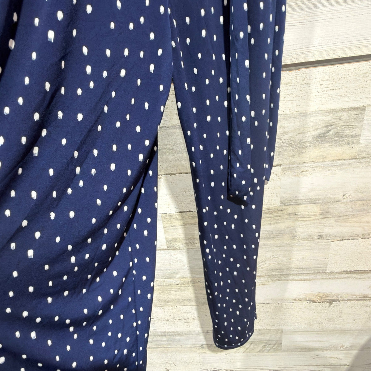 Kaileigh Jumpsuit Women Large Navy Blue Polka Dot Wrap Front Wide Leg EUC3