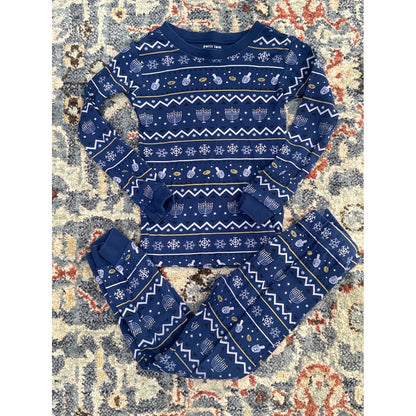 Petit Lem Pajama Set Boys 5 Navy Hanukkah Fair Isle Organic Cotton EUC0