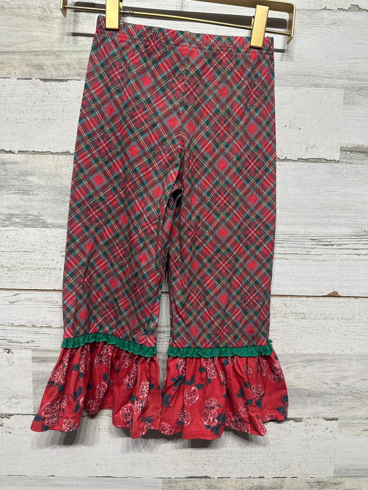 Matilda Jane Ruffle Pajama Pants Girls 4 Red Green Plaid Floral Holiday3