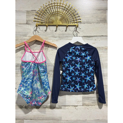 Swim Bundle George Lands End Rash Guard Girls 4 Blue Pink Fringe Starfish EUC3