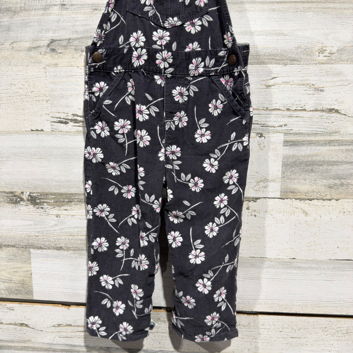 OshKosh B'gosh Floral Corduroy Overalls Girls 24M Black Pink Cotton2
