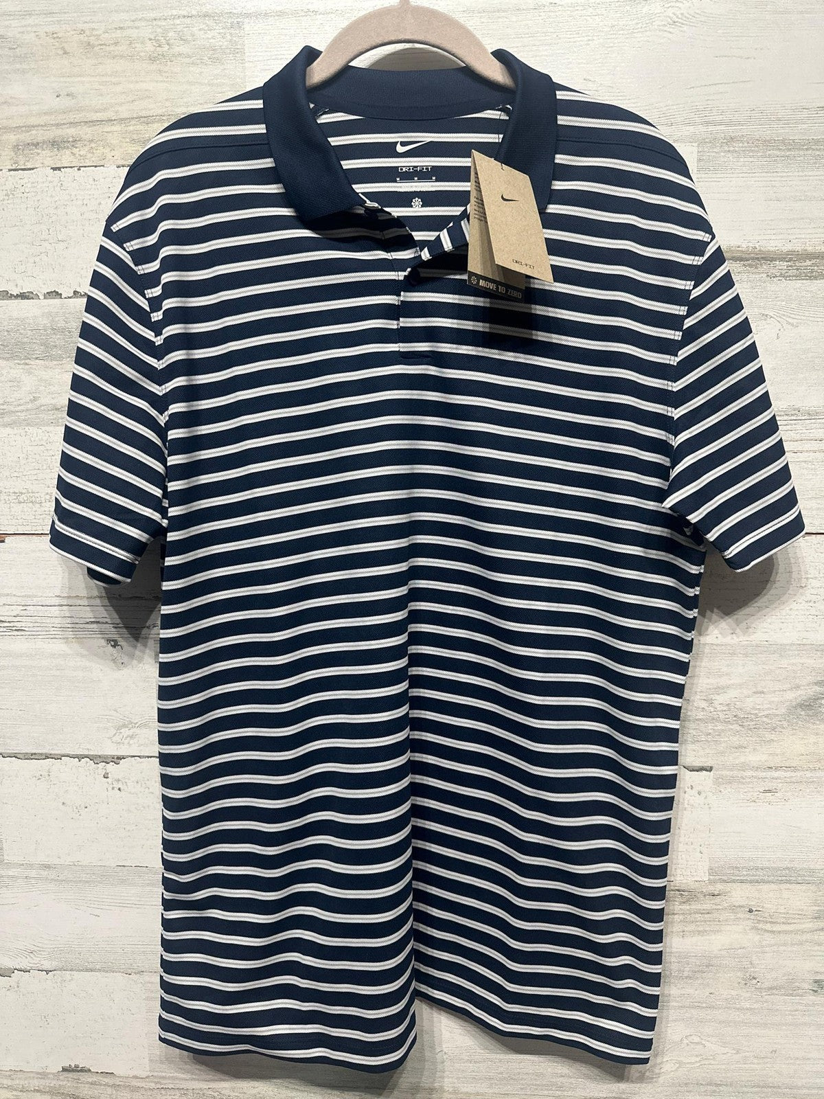 Nike Polo Shirt Mens Medium Navy Blue Striped Dri-FIT Short Sleeve NWT1