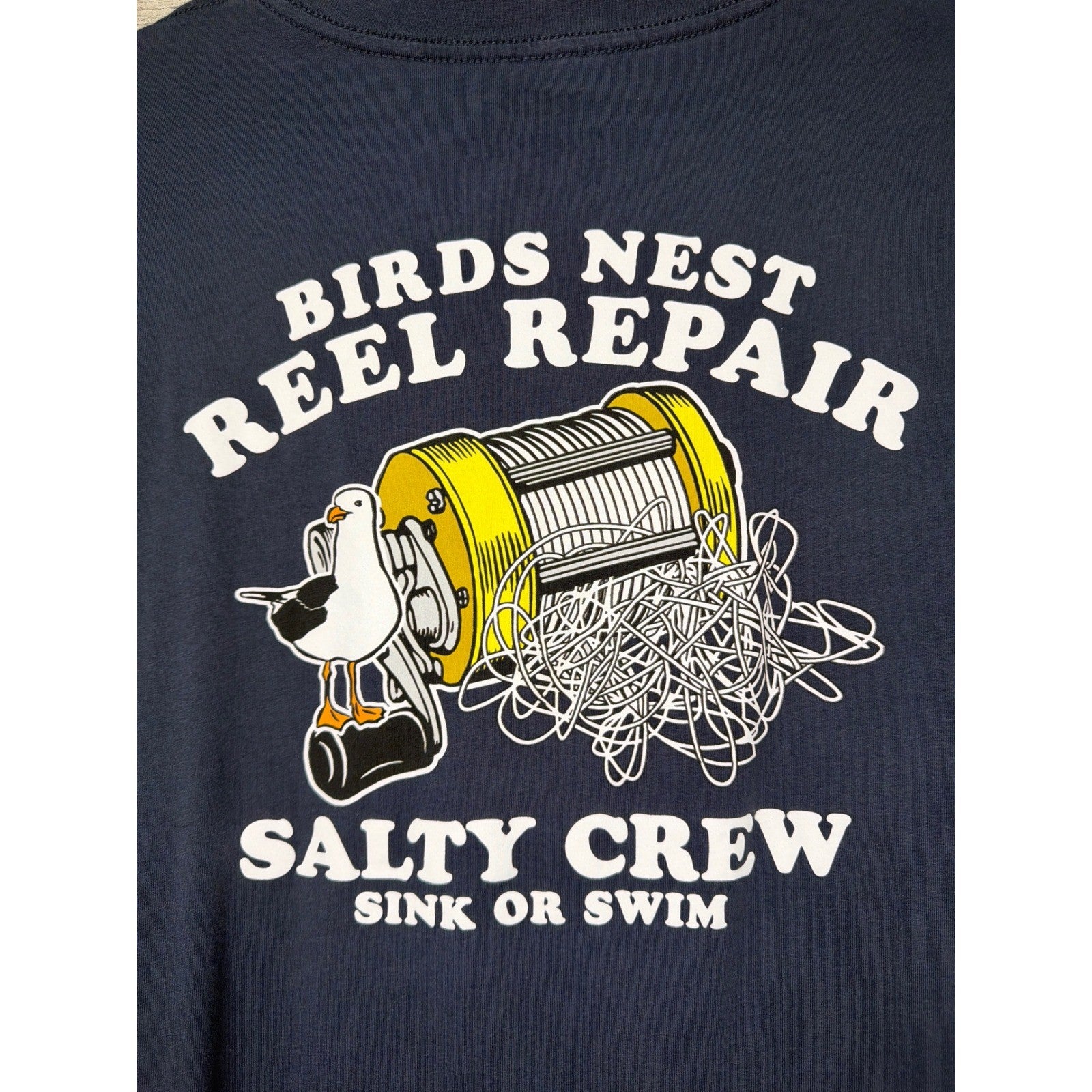 Salty Crew Graphic T-Shirt Men 2XL Navy Birds Nest Reel Repair Fishing EUC0