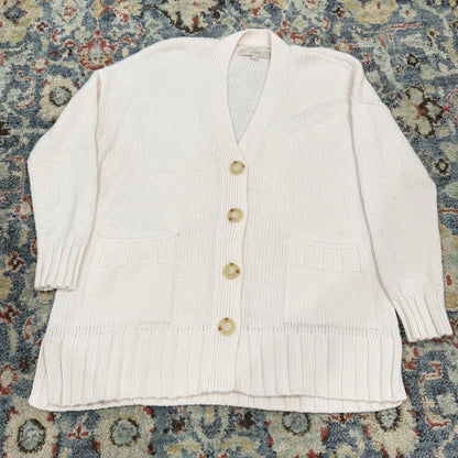 LOFT Cardigan Sweater Women M Cream Ribbed Knit Button Front Coastal EUC0