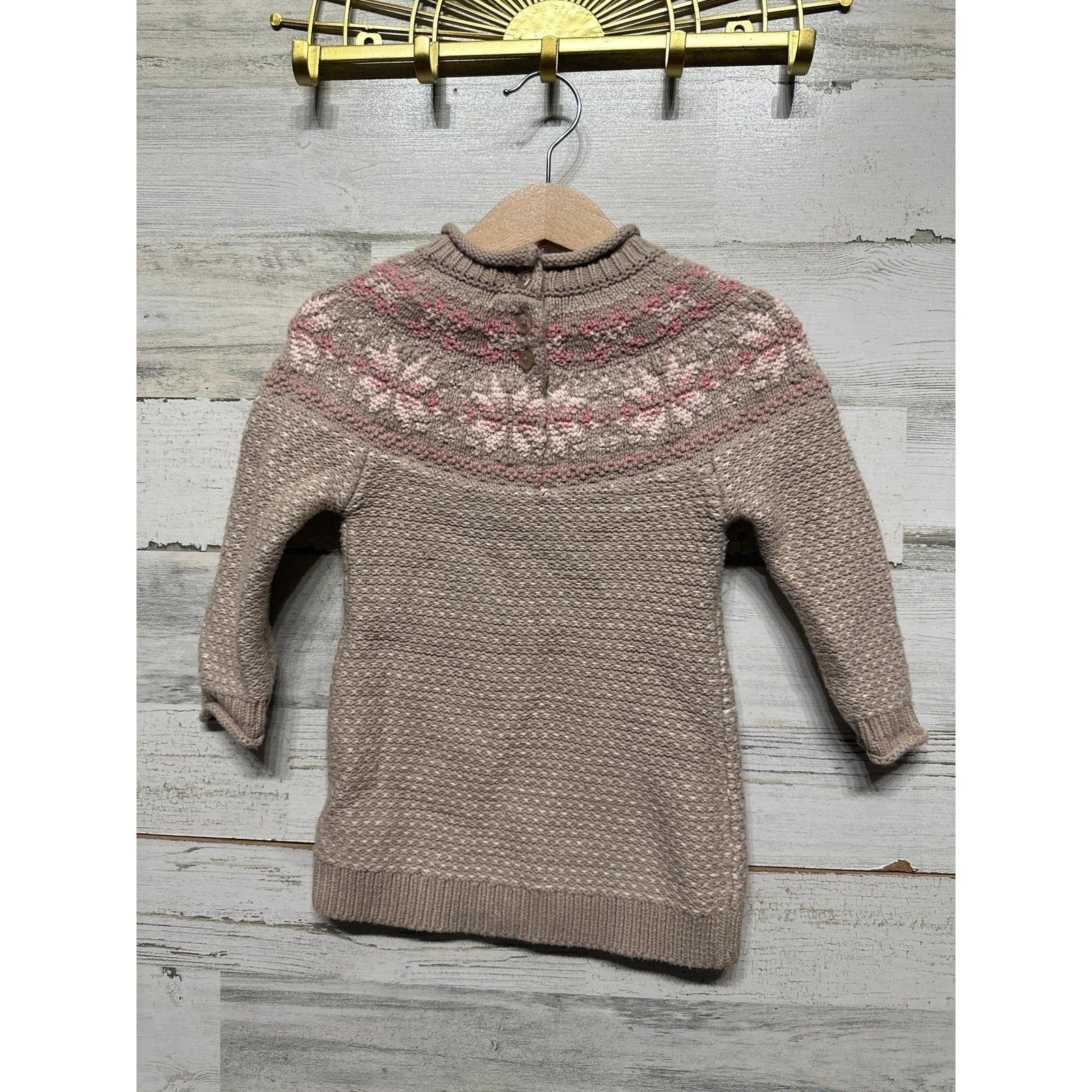 Maggie and Zoe Sweater Girls 12M Tan Fair Isle Snowflake Mock Neck EUC2