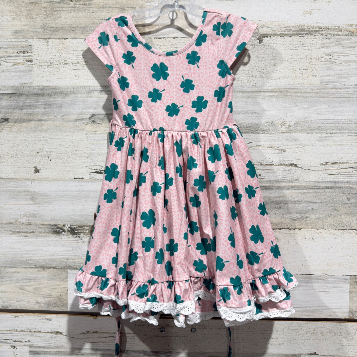 Cheeky Plum Dress Girls 6Y Pink Green Clover Leopard Ruffle St Patricks Day EUC0