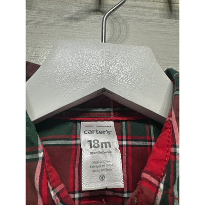 Carter's Plaid Bodysuit Boys 18M Red Green Button Front Holiday Festive EUC1