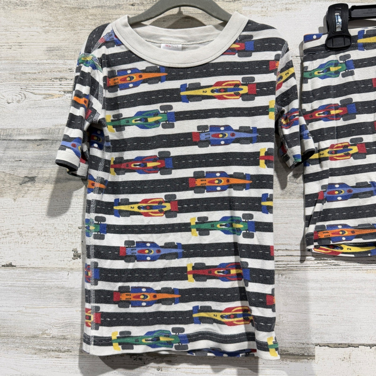 Hanna Andersson Pajama Set Kids 6-7 White Race Car Stripes Shortie GUC*1